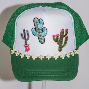 Green and white "Cacti" hat with beaded hat jewelry